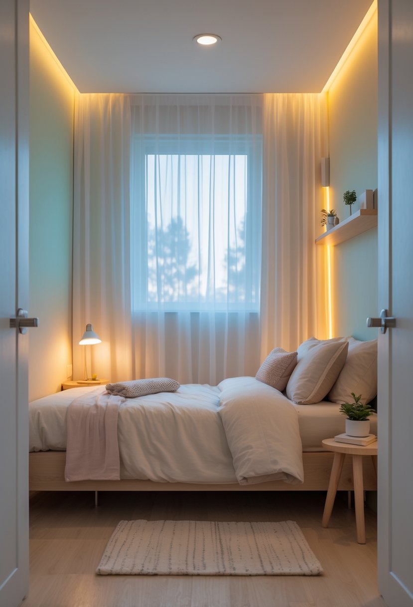 A small bedroom with soft natural light, pastel walls, a neatly made bed, a bedside lamp, and minimalist furniture.