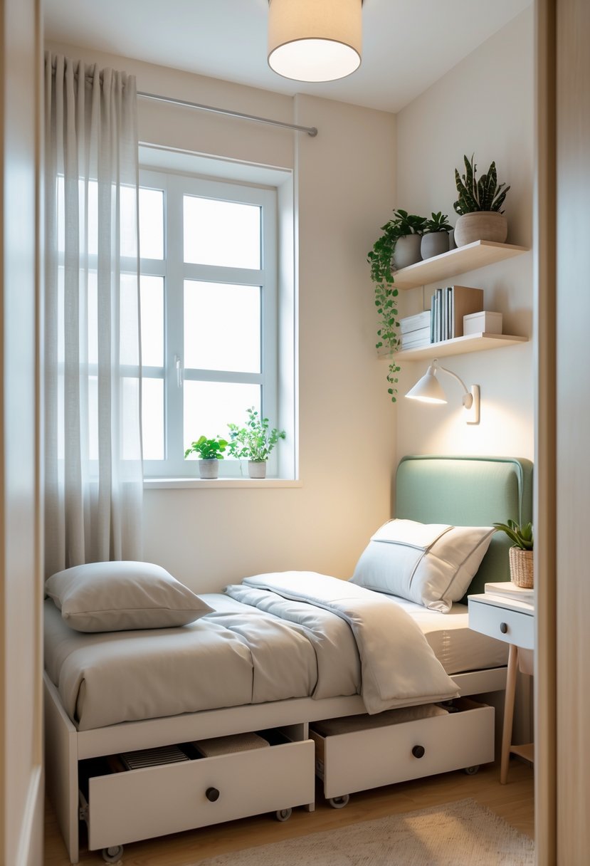 A small bedroom with a single bed, nightstand, wall shelves with plants and books, and natural light coming through a window.