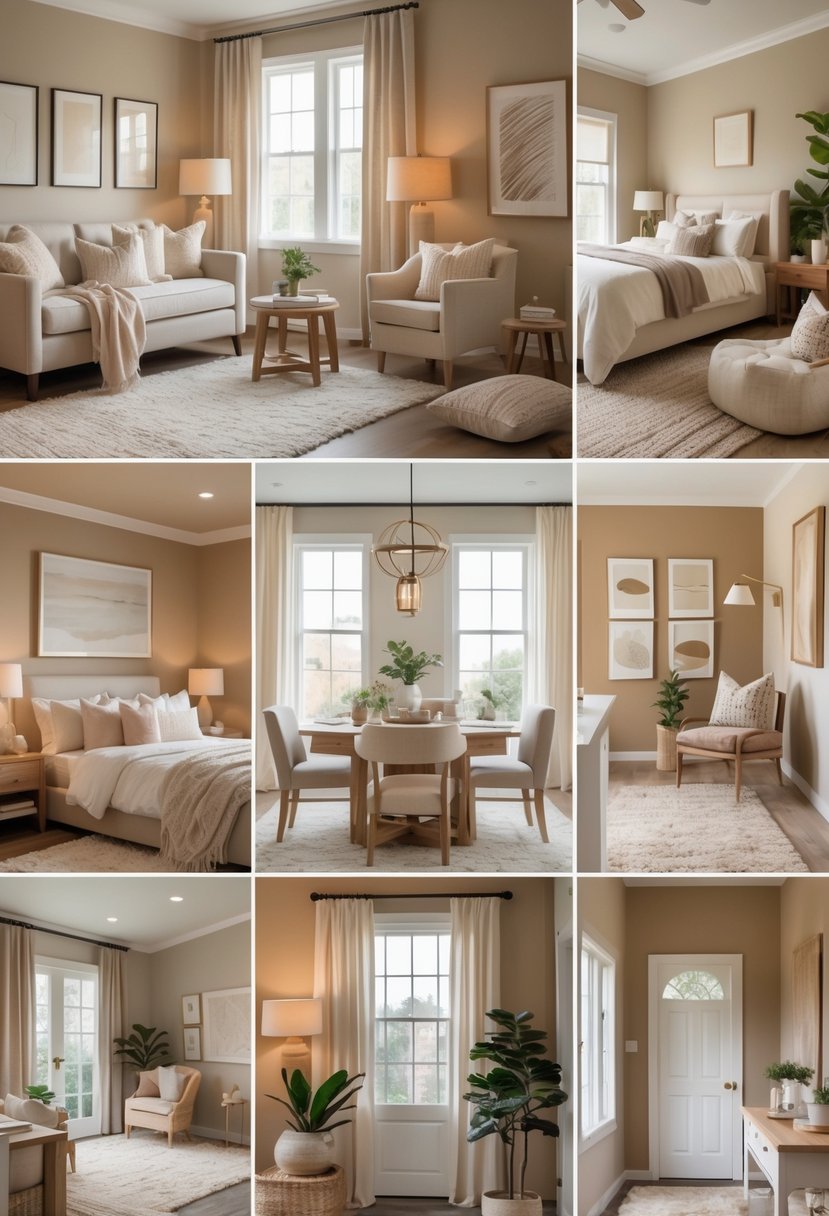 Interior view of seven different rooms in a home, each painted in warm neutral colors with cozy furniture and soft lighting.