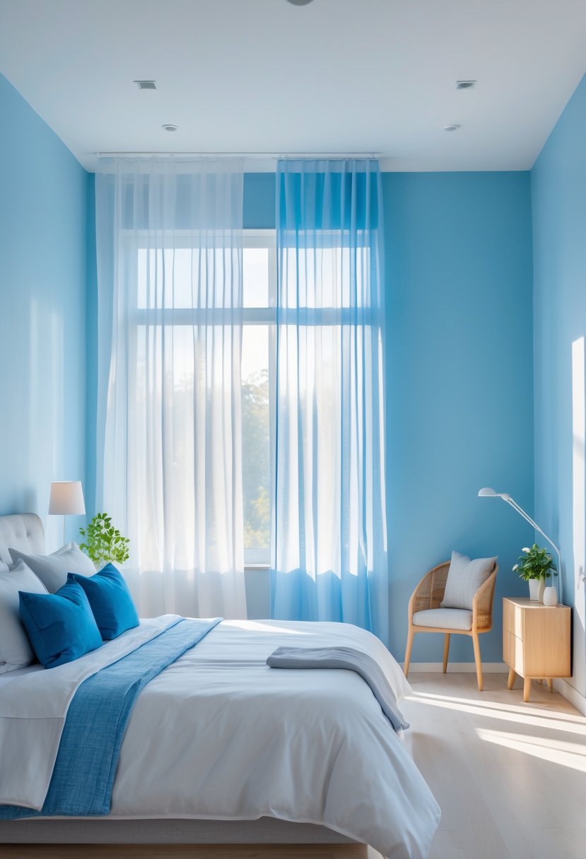 A bright bedroom with soft blue walls, a large bed with white bedding, and natural light coming through sheer curtains.