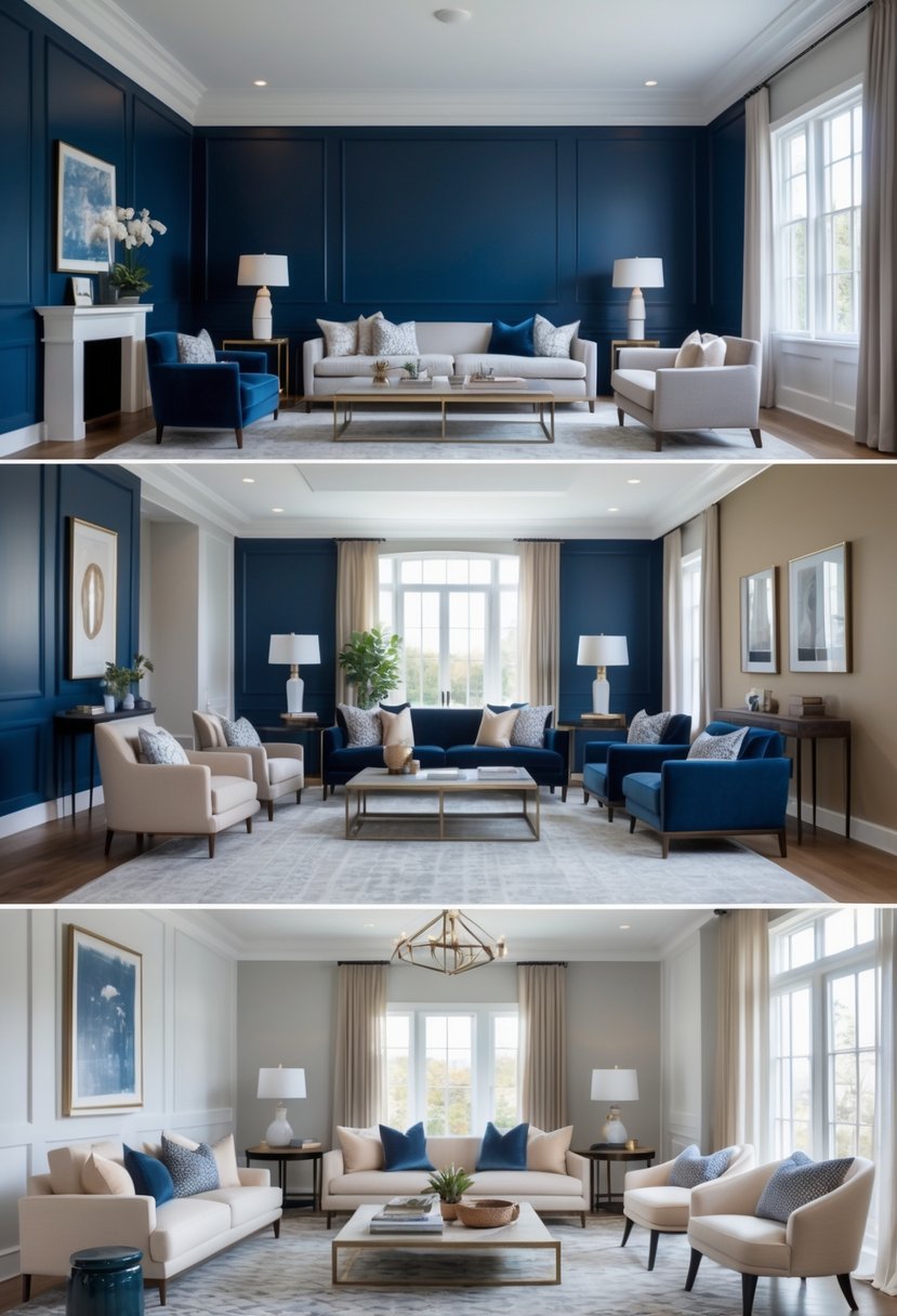 A modern living room with a deep navy blue accent wall and six other walls painted in complementary colors, furnished with sofa, chairs, and decorated with cushions and artwork.