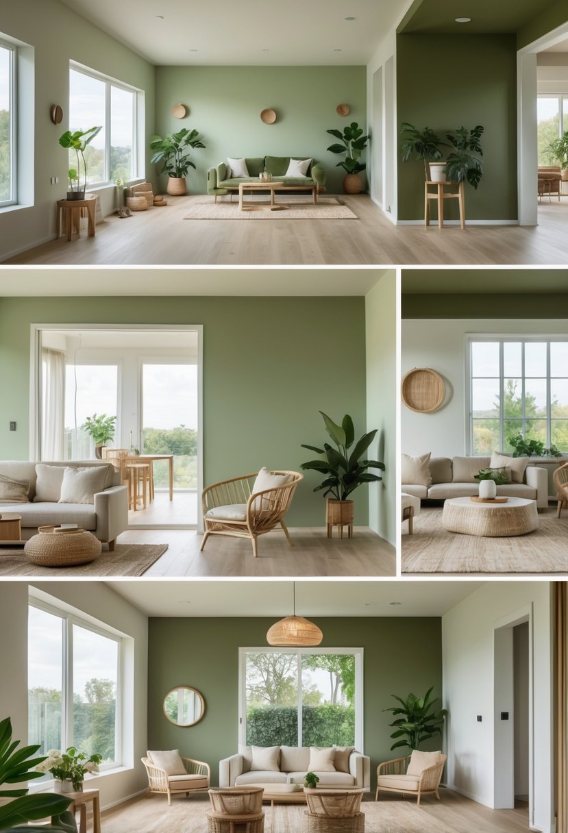 Interior view of multiple connected rooms in a house painted in various shades of green with natural light, wooden floors, and plants.