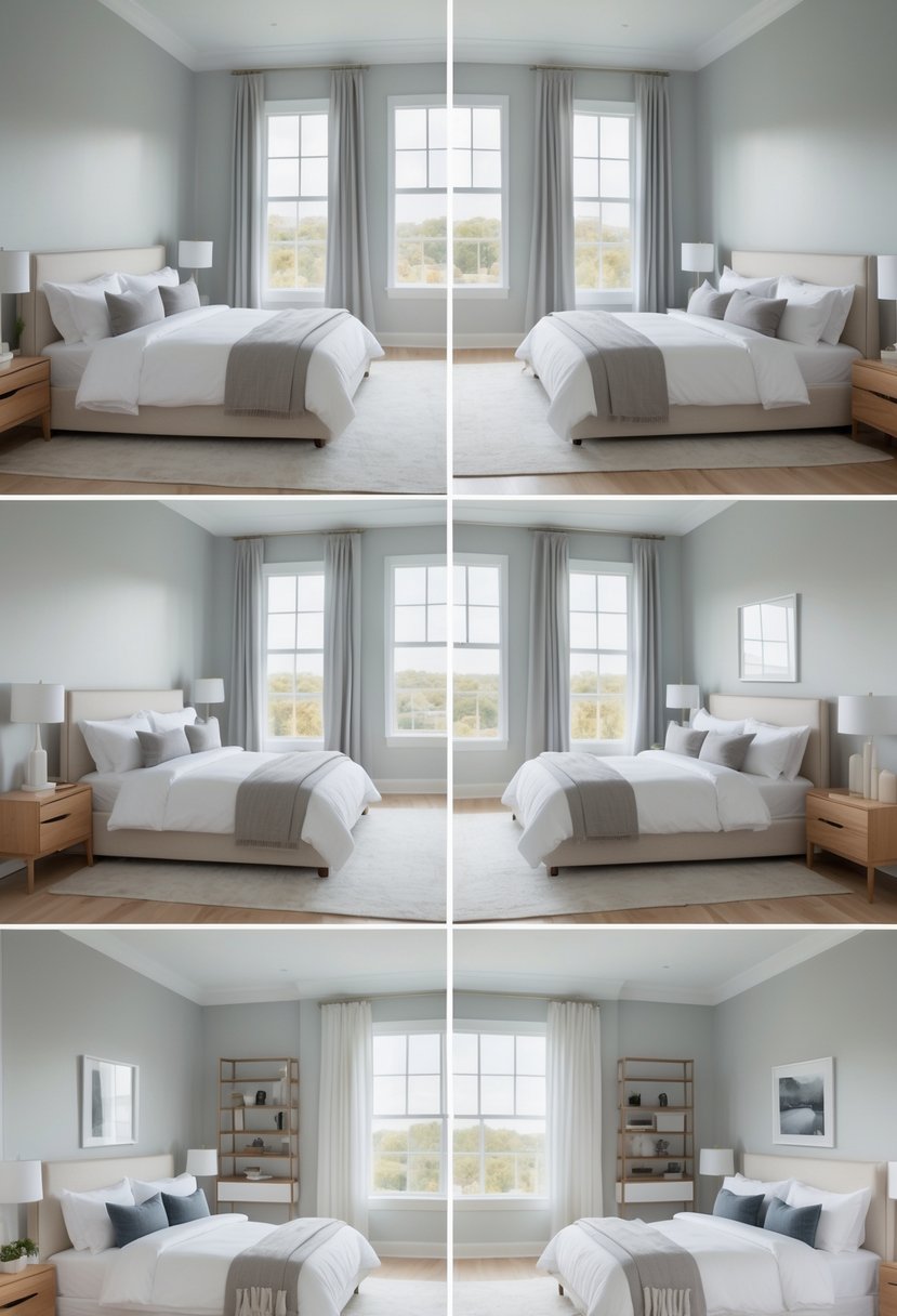 A bright, spacious bedroom with light gray walls, large windows, and simple modern furniture.