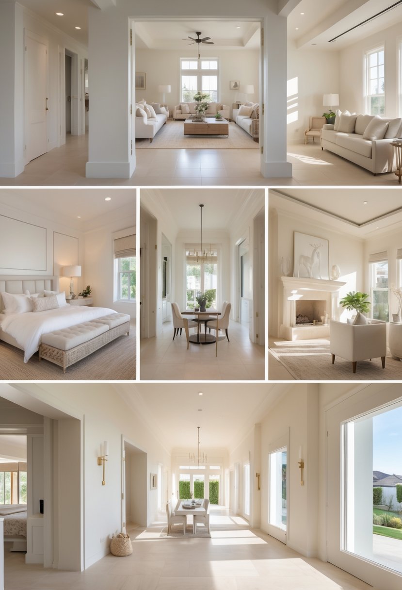 Interior view of a bright home with multiple rooms painted in creamy white shades, including a living room, bedroom, dining area, and hallway.
