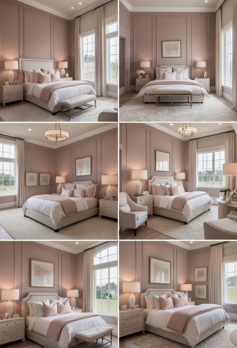 Seven bedrooms with dusty rose colored walls, furnished with beds, bedside tables, lamps, and natural light coming through windows.