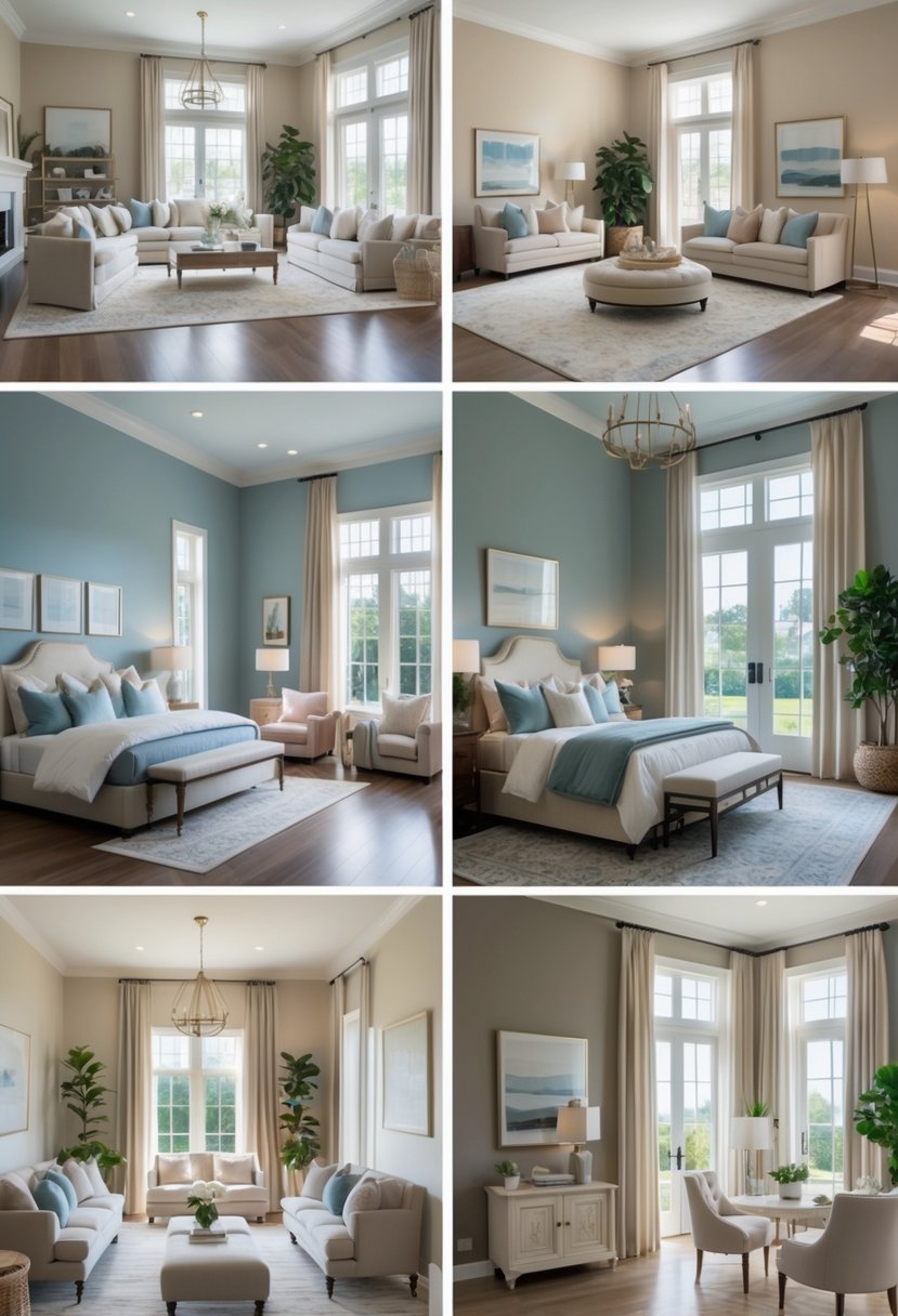 Interior view of a large home showing multiple rooms painted in different colors with furniture and natural light.