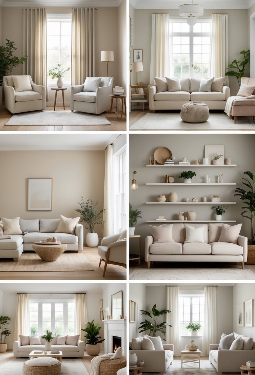 Seven different neutral-colored living rooms with sofas, chairs, tables, and natural light.