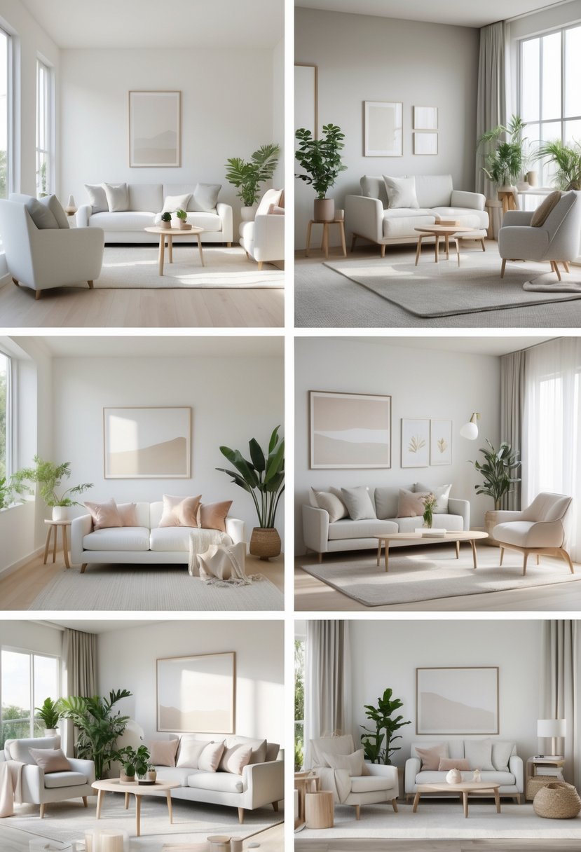 A bright living room with white, cream, and gray furniture and decor arranged in a calm and inviting setting.