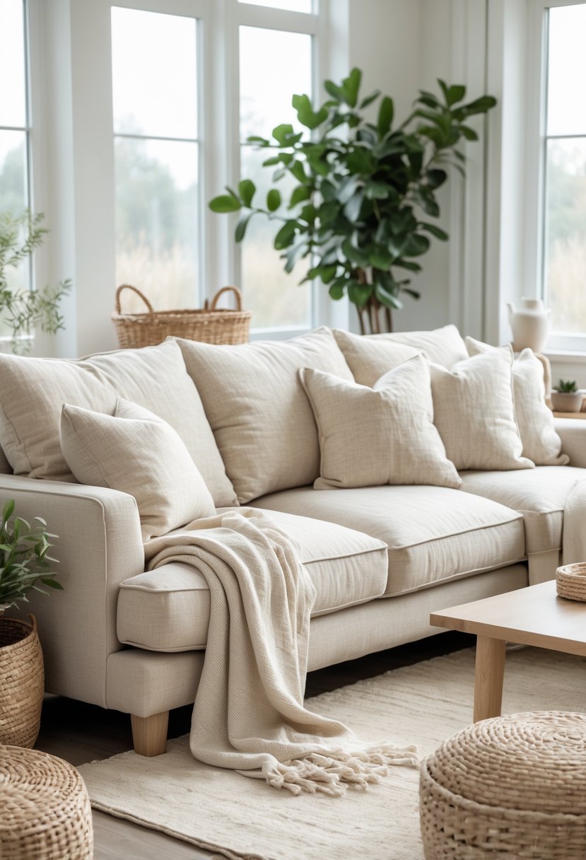 A living room with natural linen couches, wooden coffee tables, and plants, illuminated by natural light.