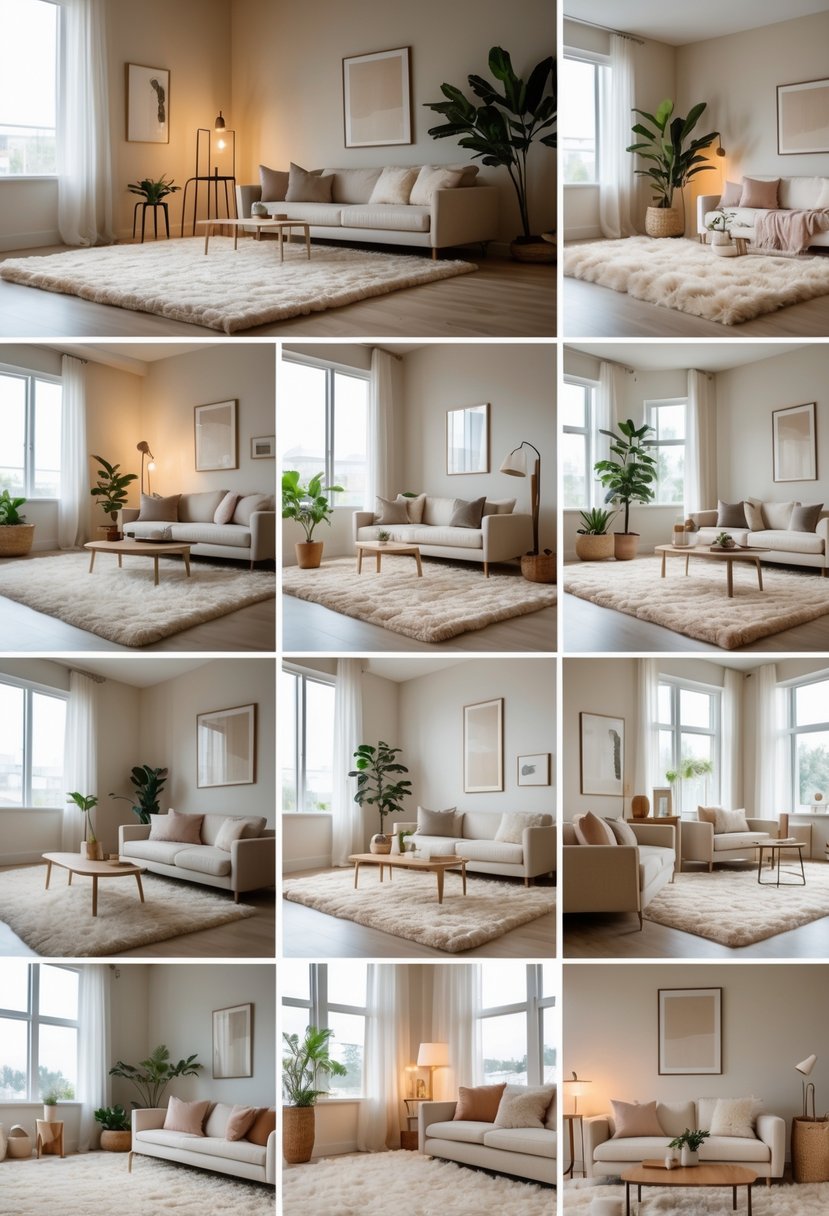A living room with plush neutral carpets, a sofa, coffee table, plants, and natural light creating a warm and inviting space.