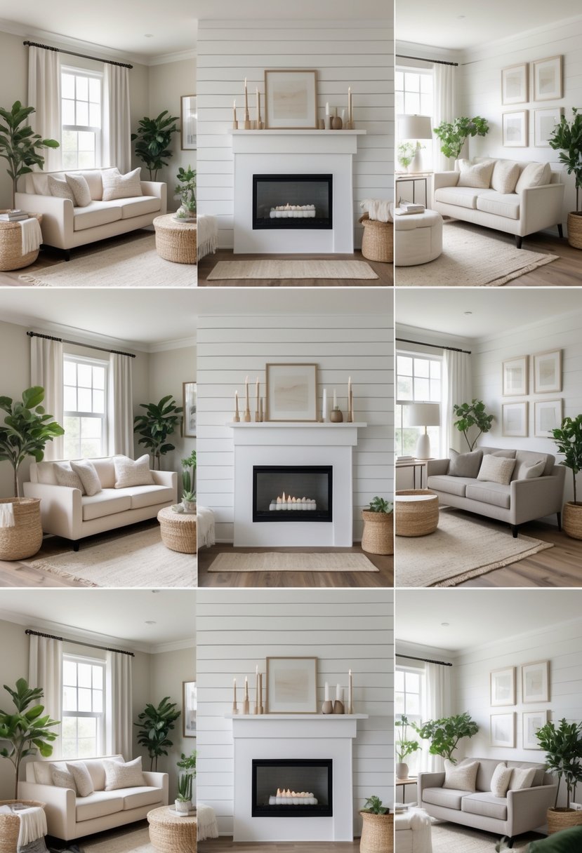 A living room with a white wooden fireplace wall, neutral-colored sofas, plants, and natural light.