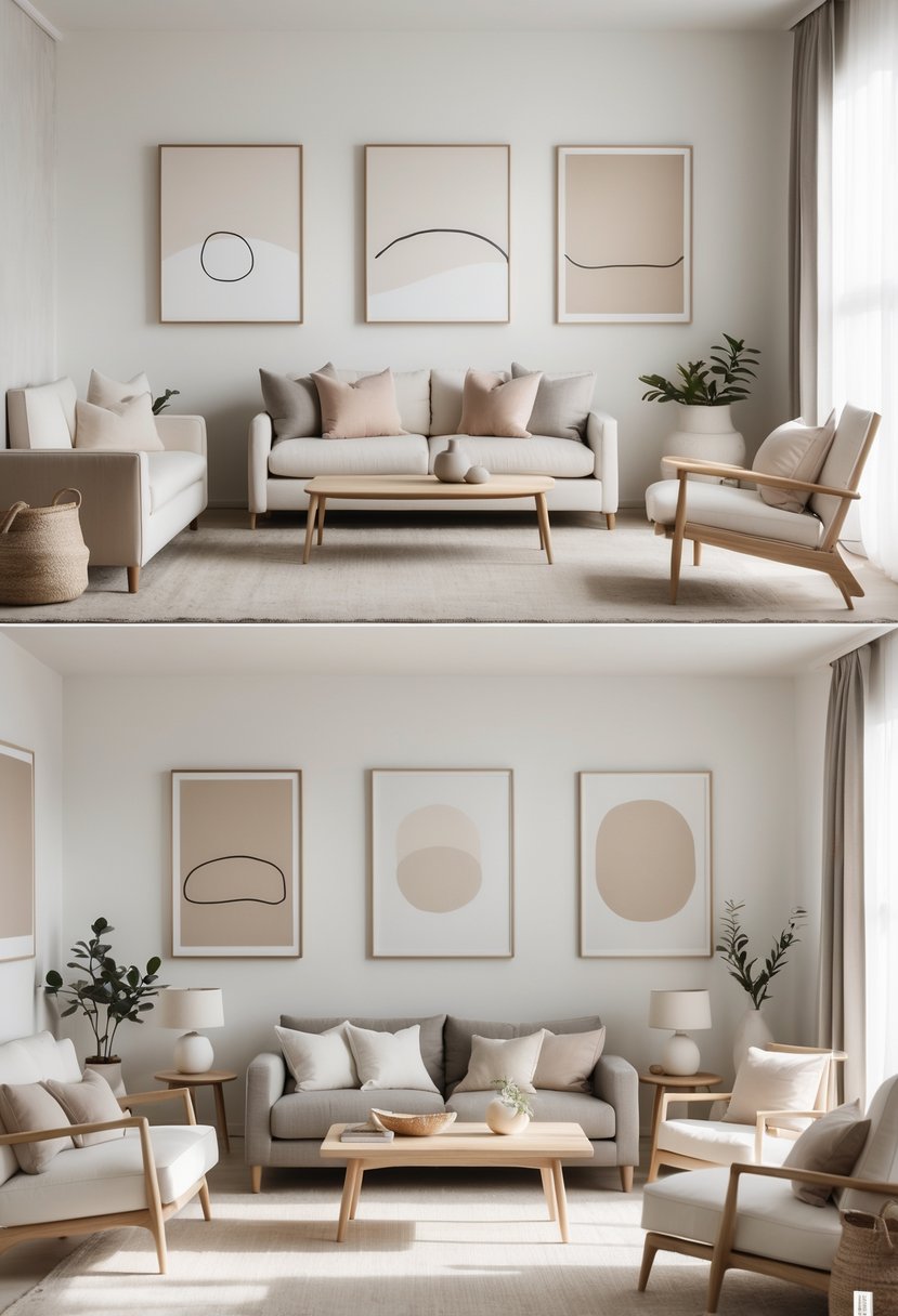 A calm living room with seven neutral-toned seating areas, minimalist art on the walls, natural light, and simple furniture.