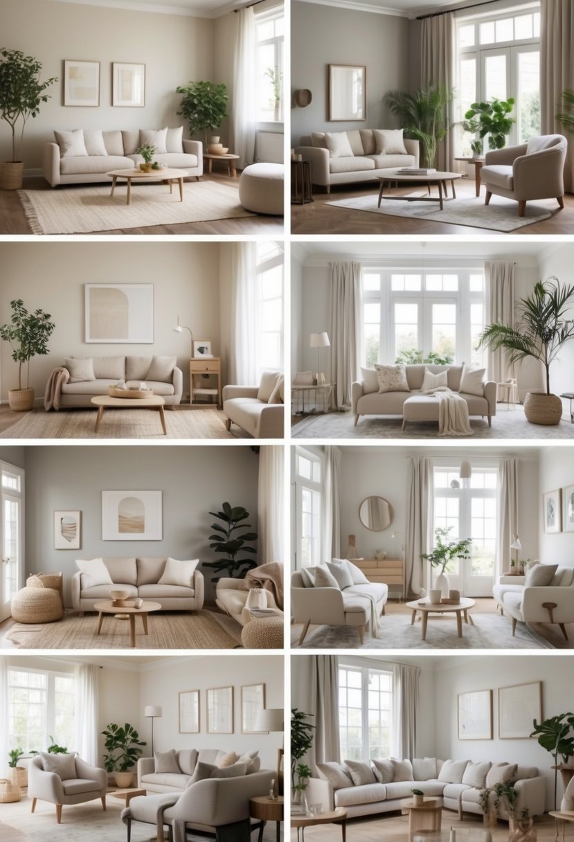 Seven different living rooms with neutral colors, featuring sofas, chairs, coffee tables, plants, and natural light.