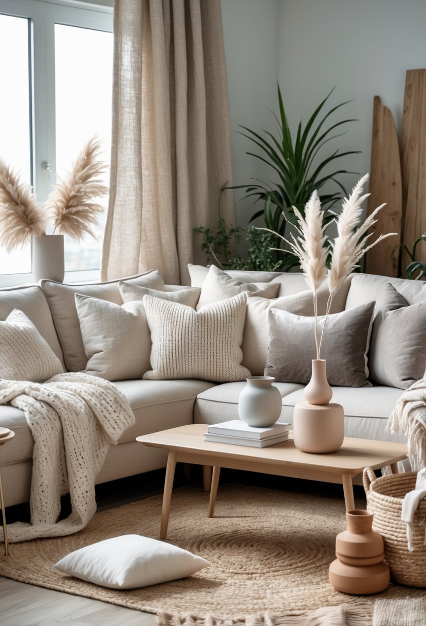 A neutral-colored living room with a beige sofa, various textured pillows and blankets, a wooden coffee table with a vase, plants, and natural light coming through a window.