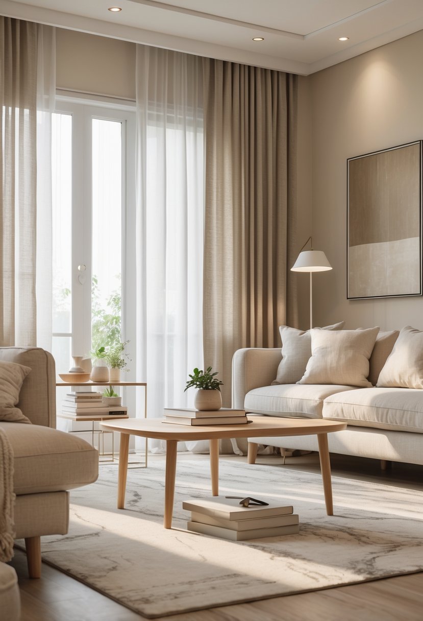 A bright living room with a beige sofa, wooden coffee table, plants, and large windows with sheer curtains.