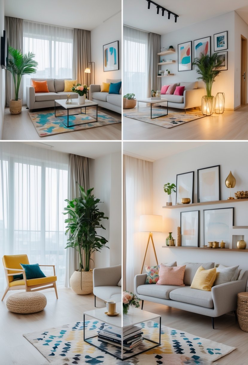 A bright apartment living room featuring a sofa, coffee table, indoor plants, artwork on the wall, a reading nook with an armchair, and large windows letting in natural light.