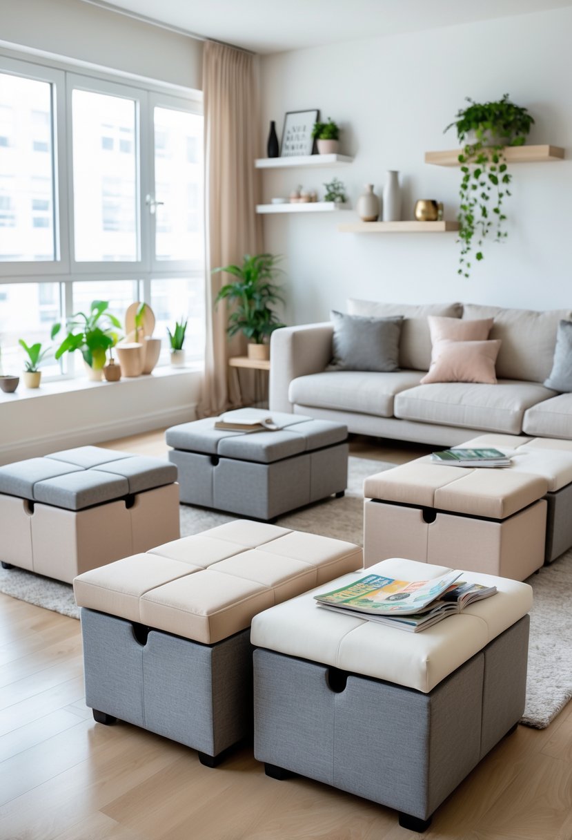 Living room with multifunctional storage ottomans used for seating and storage, surrounded by modern furniture and indoor plants.