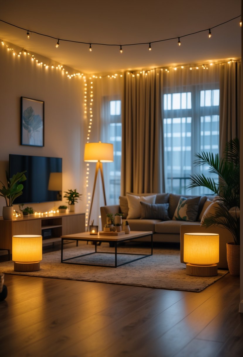 A living room with floor lamps and string lights creating a warm and cozy atmosphere.