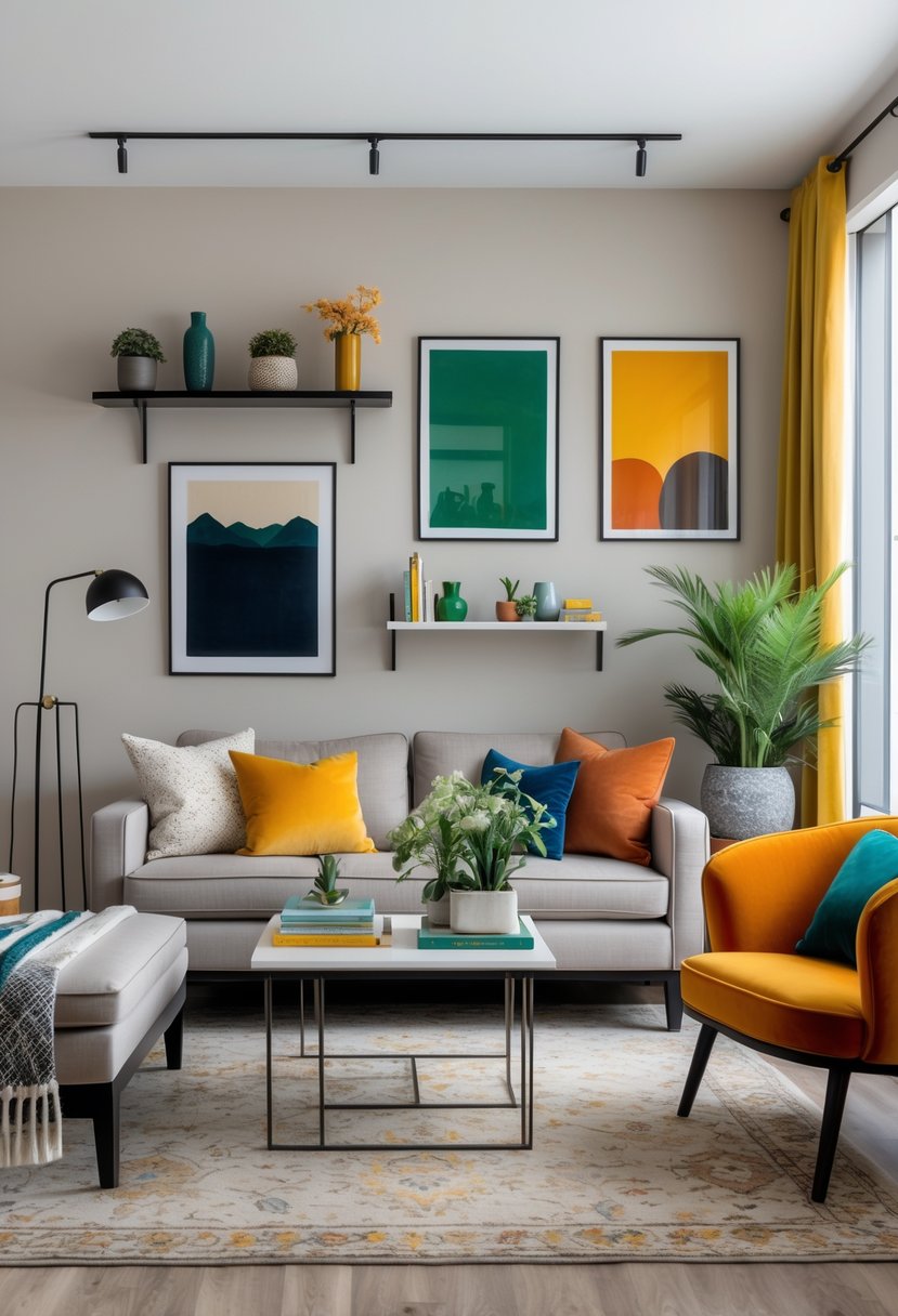 A living room in an apartment with neutral tones and bright accent colors, featuring a sofa, coffee table, armchair, shelves, and large window with natural light.