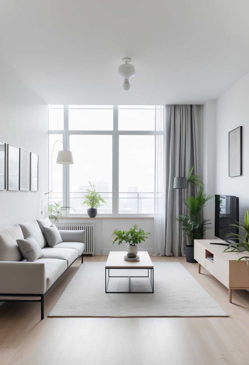 A modern apartment living room with slim furniture, natural light, and decorative plants creating an open and spacious feel.