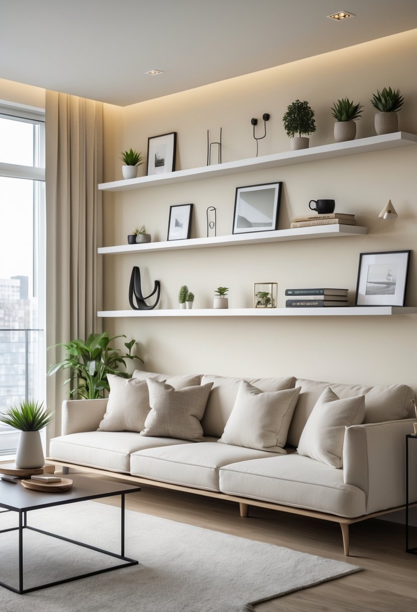 Living room in an apartment with floating shelves displaying decor items and a sofa nearby.