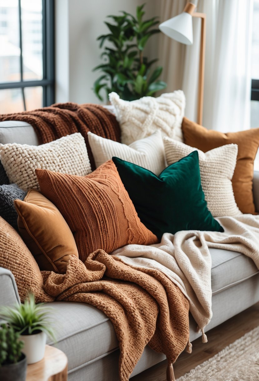 A cozy living room with a sofa covered in textured throw pillows and blankets, a wooden coffee table, a potted plant, and natural light coming through large windows.
