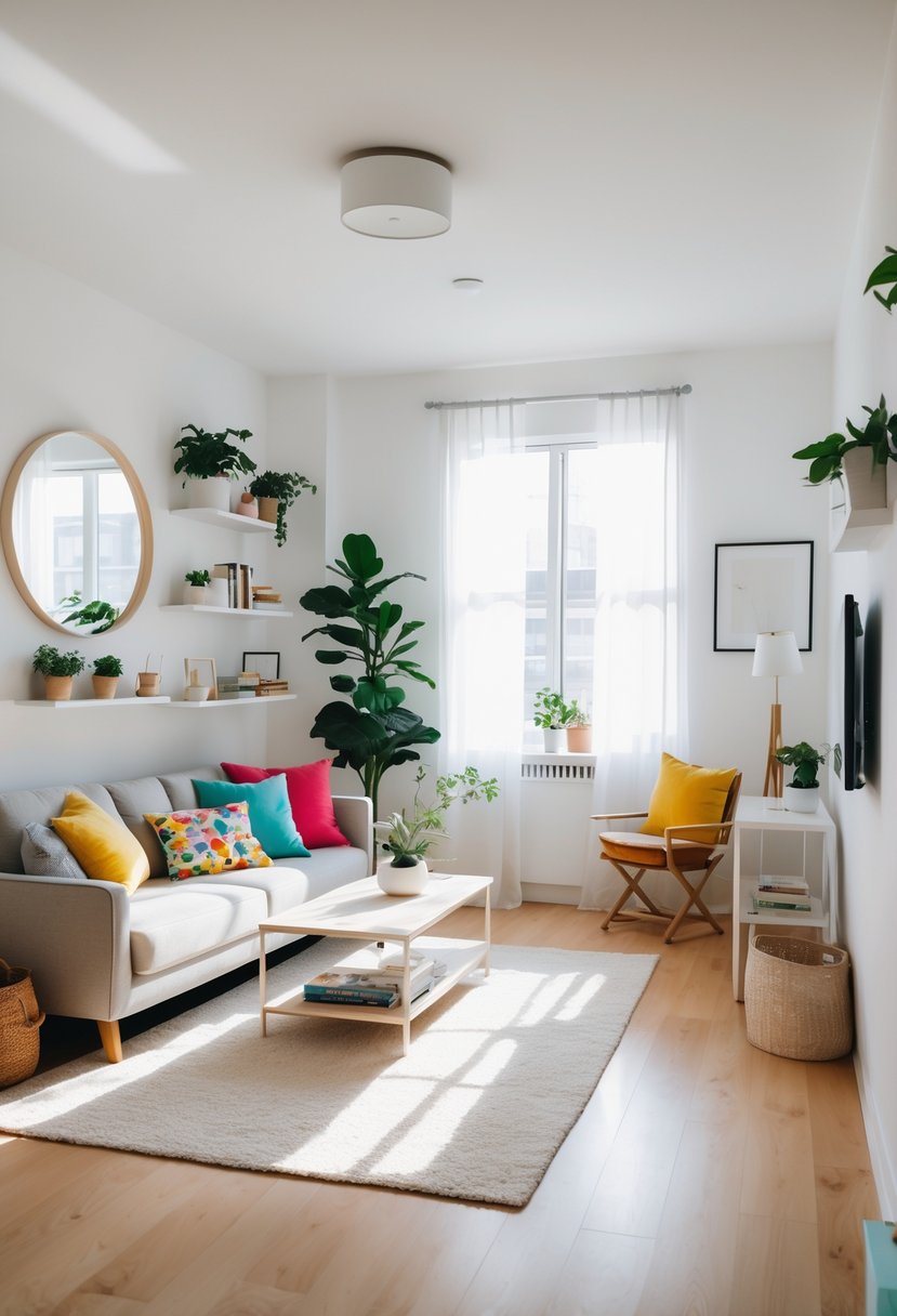 A small apartment living room with a compact sofa, floating shelves, a large mirror, foldable dining table, and a cozy reading nook, all arranged to maximize space.