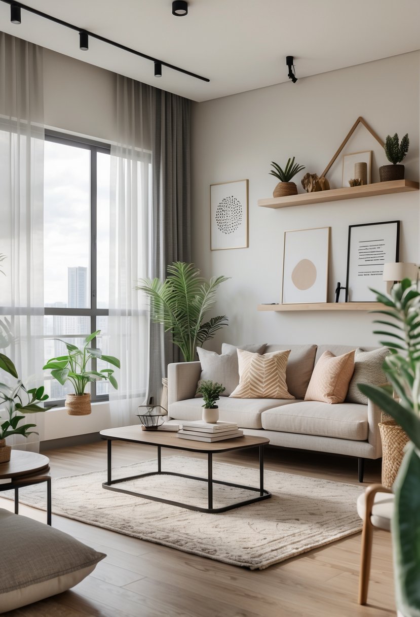 A well-lit apartment living room with a sofa, coffee table, plants, artwork, and decorative items arranged neatly.