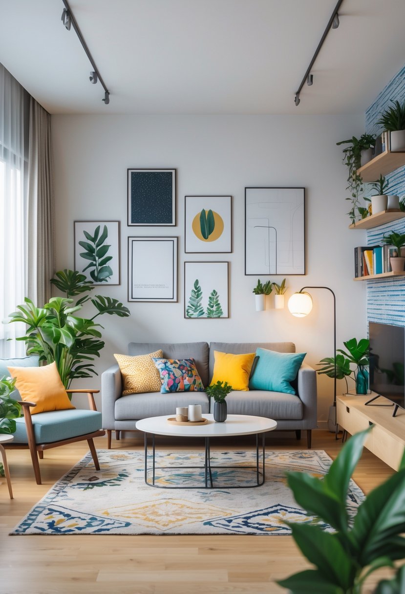 A bright apartment living room with a sofa, coffee table, plants, artwork on the wall, shelves with decor, and natural light coming through a window.