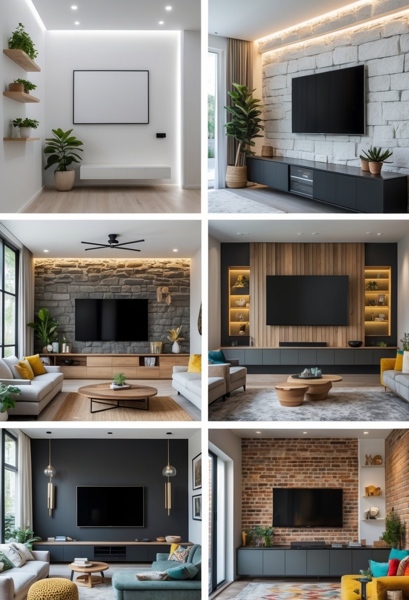 Six different living room TV wall setups, each with a mounted television and unique wall design, furniture, and decor.