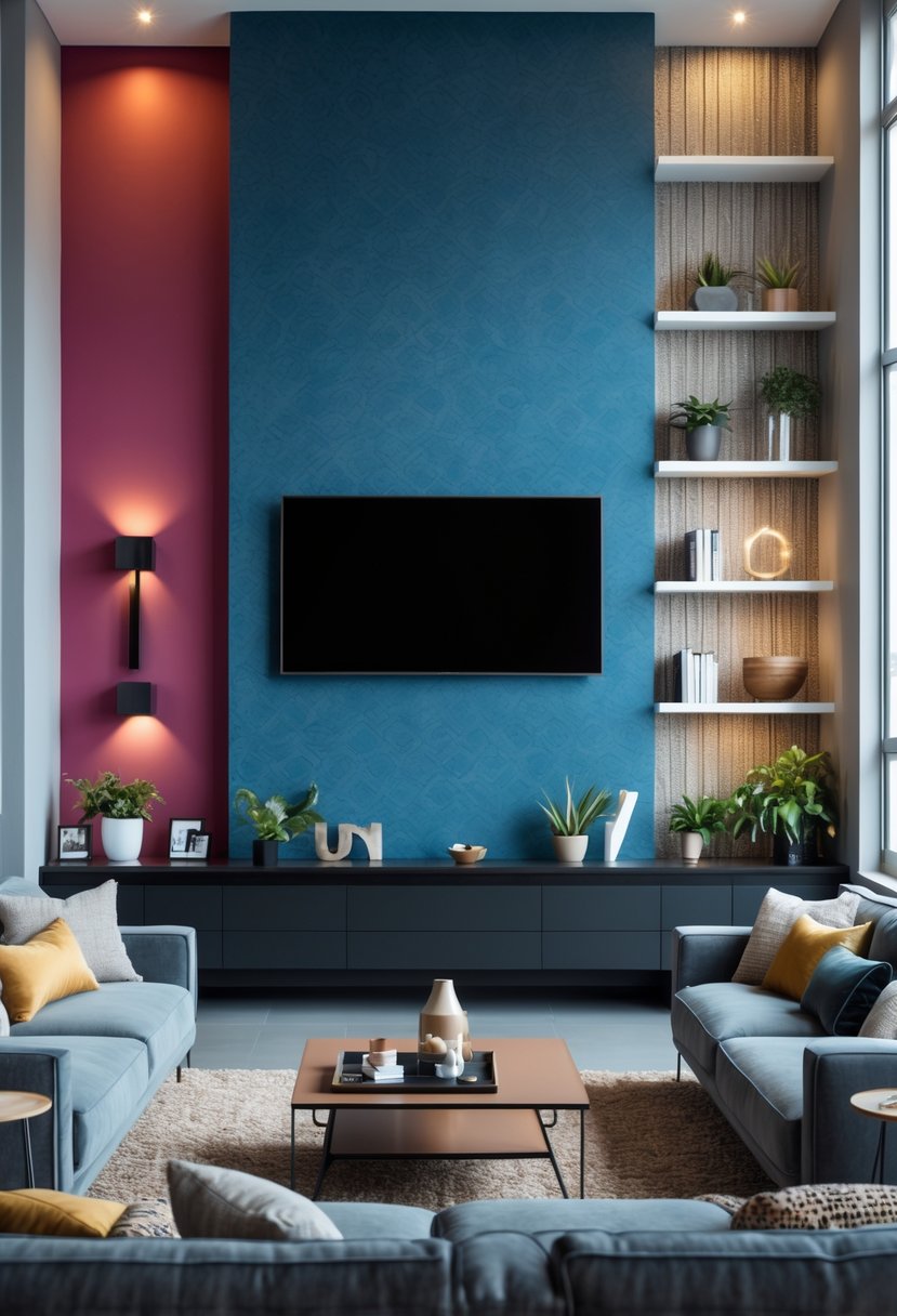 Living room with a flat-screen TV mounted on a bold-colored or textured wallpaper accent wall, surrounded by shelves and modern furniture.
