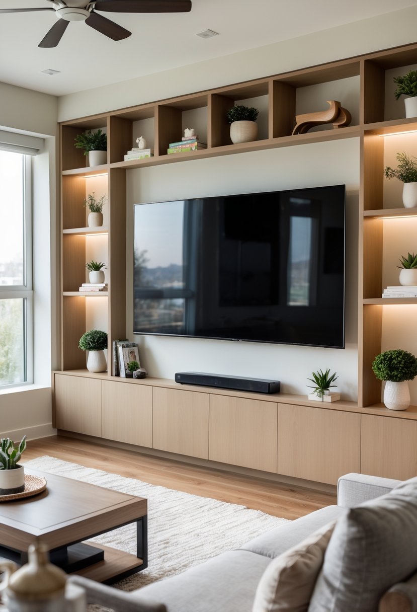 Living room with a wall-mounted TV surrounded by built-in cabinets and shelves displaying decor and hiding cables.