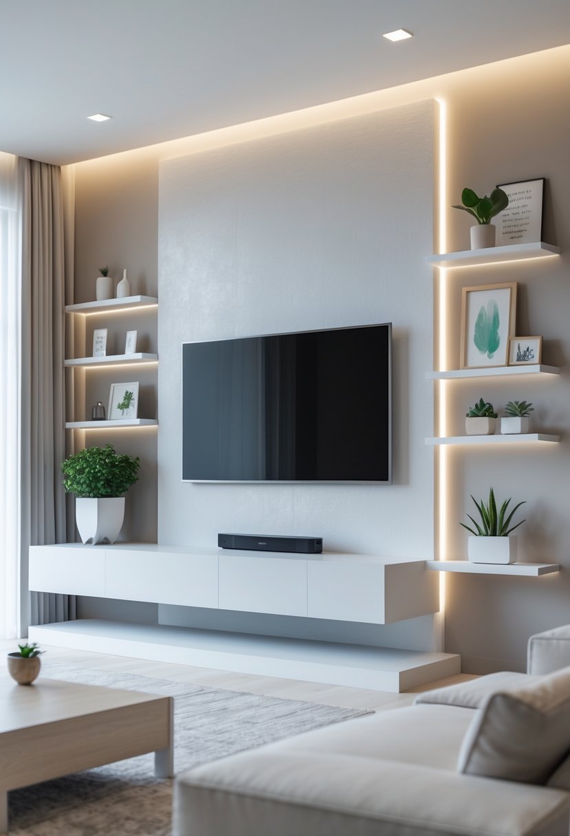 A modern living room with a flat-screen TV mounted on a wall using a minimalist floating mount, surrounded by shelves, artwork, and a small plant.