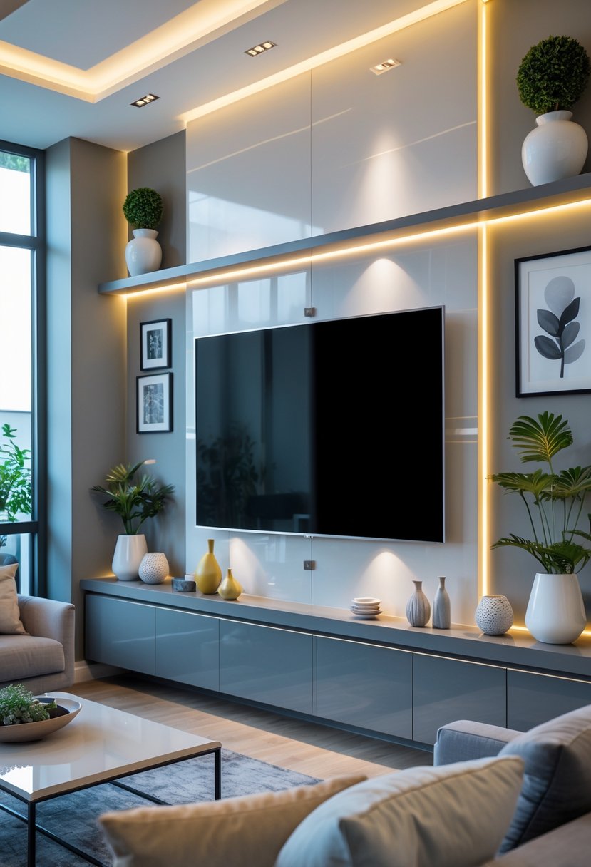 Living room with a large TV mounted on a decorated wall, surrounded by shelves, plants, and furniture.
