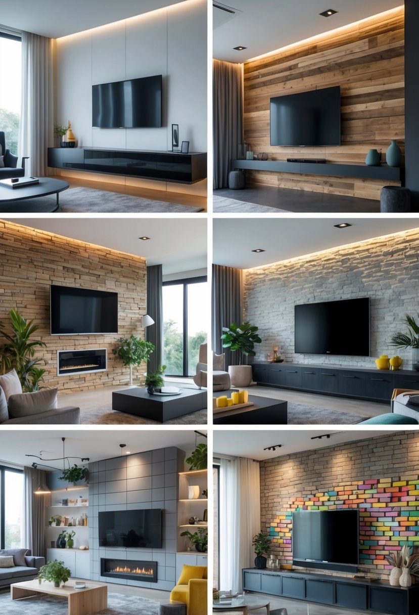 Six different living rooms each showing a unique TV wall design with various materials, lighting, and furniture arrangements.