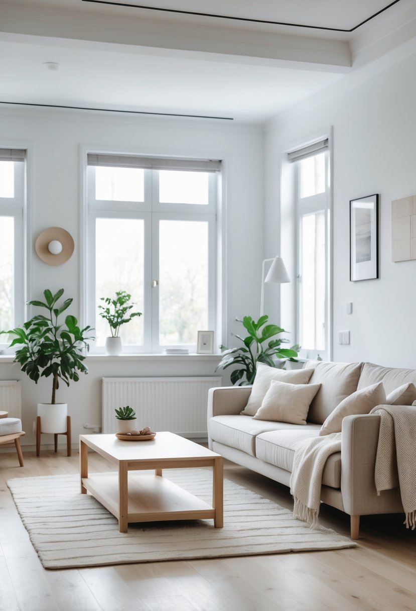A bright living room with a sofa, coffee table, plants, and large windows letting in natural light.