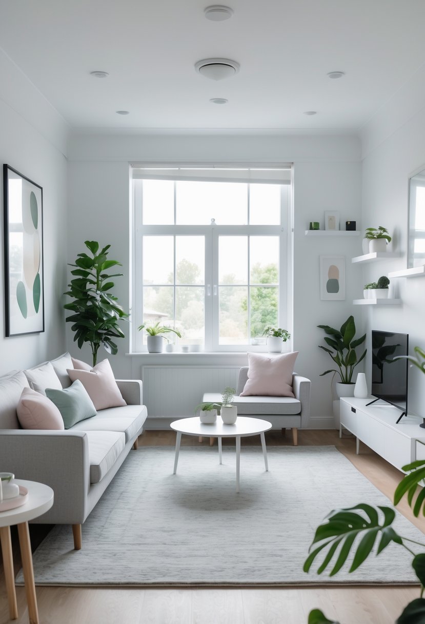 A bright living room with a gray sofa, white coffee table, soft pastel pillows, and green plants near large windows.