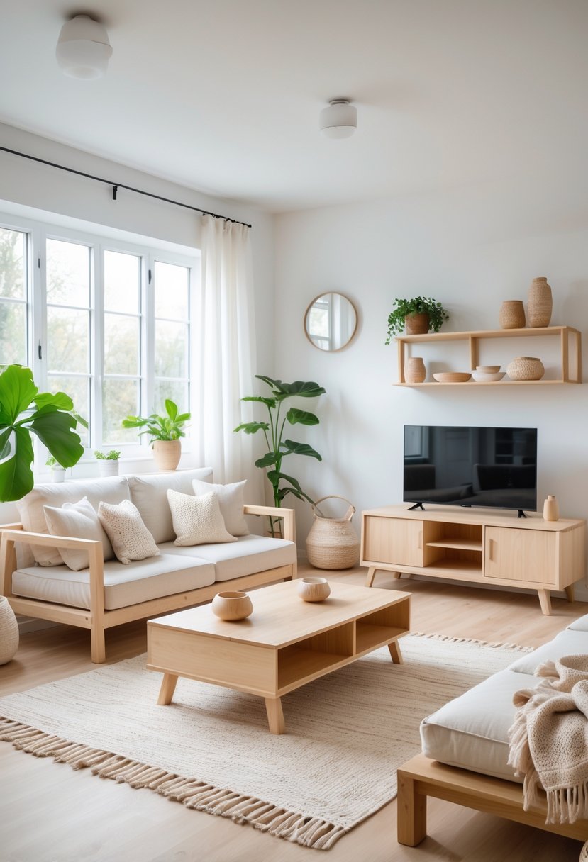 A bright living room with natural wood furniture, large windows, green plants, and neutral-colored cushions.