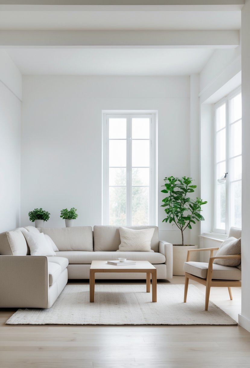 A bright living room with a simple sofa, wooden coffee table, armchair, and a small green plant by large windows.