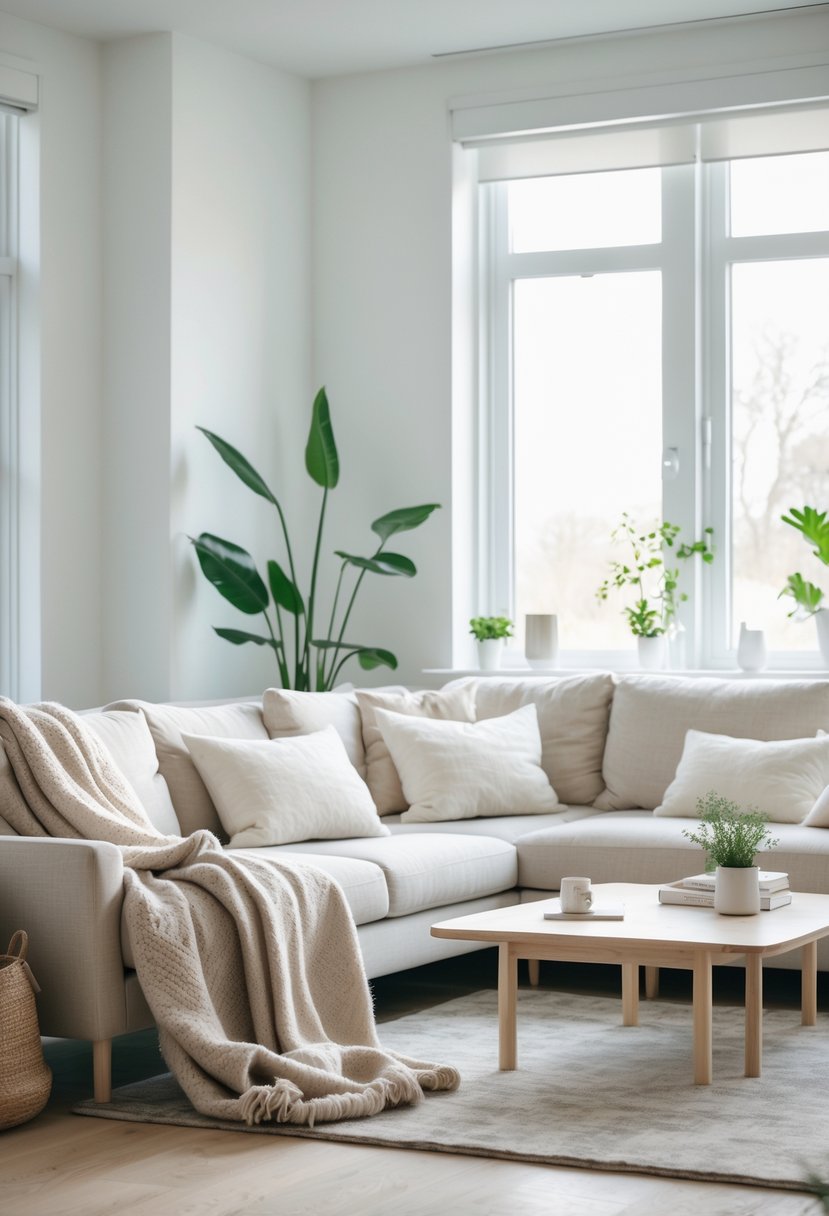 A bright living room with a sofa covered in wool throws and linen cushions, a coffee table, and plants near large windows.