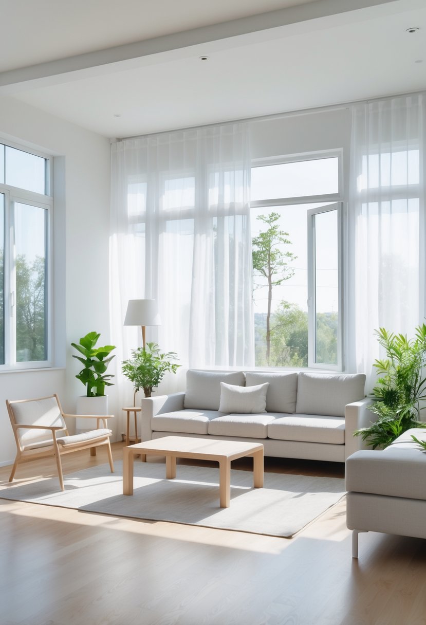 A bright living room with large windows letting in natural light, light-colored furniture, wooden floor, and green plants.