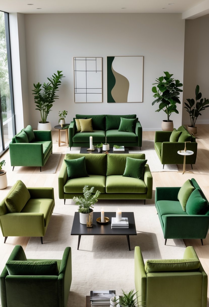 A living room with eight different green couches arranged in a bright space with natural light and simple decor.