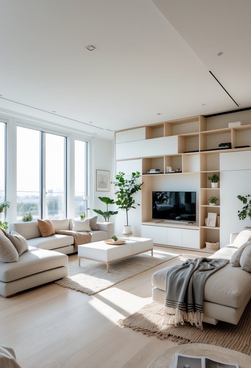 A bright living room with clean, organized storage, comfortable seating, and natural light coming through large windows.