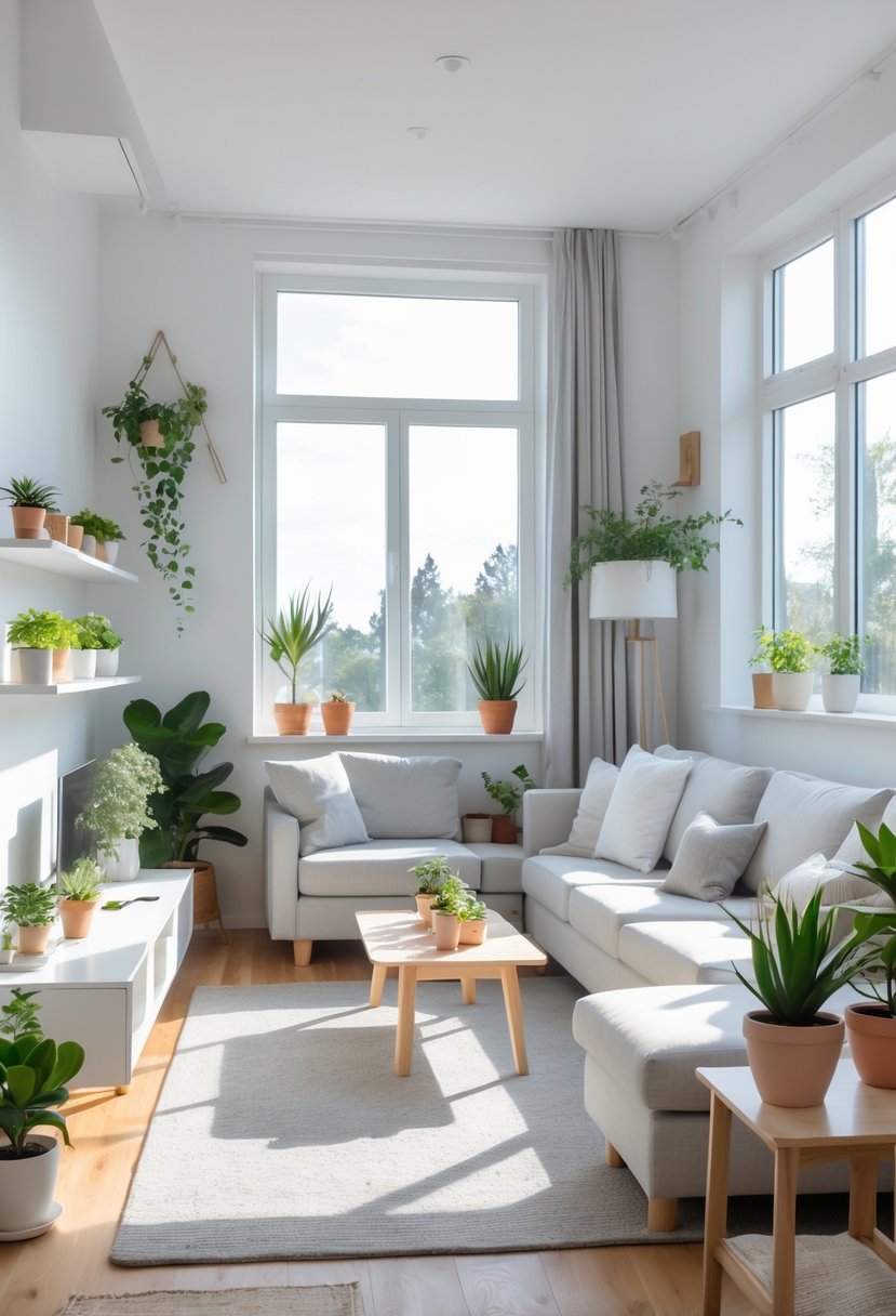 A bright living room with simple furniture and several small potted plants and succulents placed around the space.