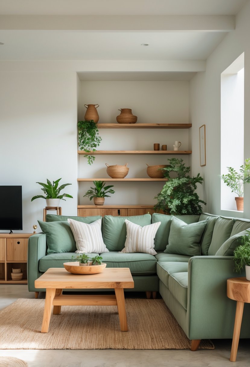Living room with sage green sofas and natural wood furniture arranged around a coffee table, with plants and soft lighting.