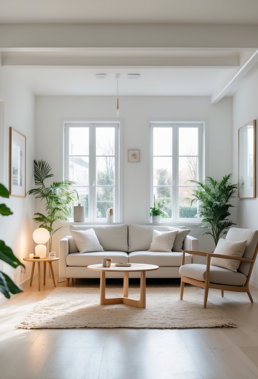 A bright living room with light wooden floors, a neutral sofa, wooden coffee table, plants, and large windows letting in natural light.