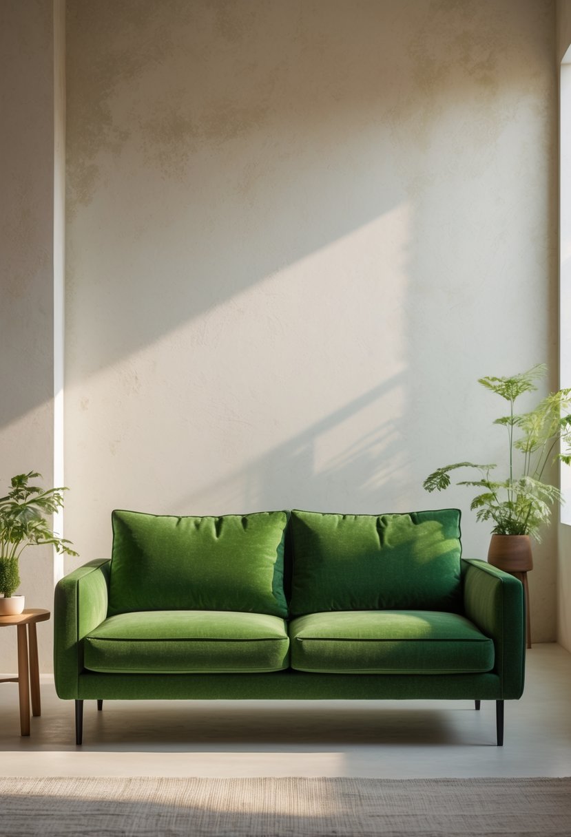 A living room with a moss green couch against light-colored plaster walls, featuring natural light and simple decor.