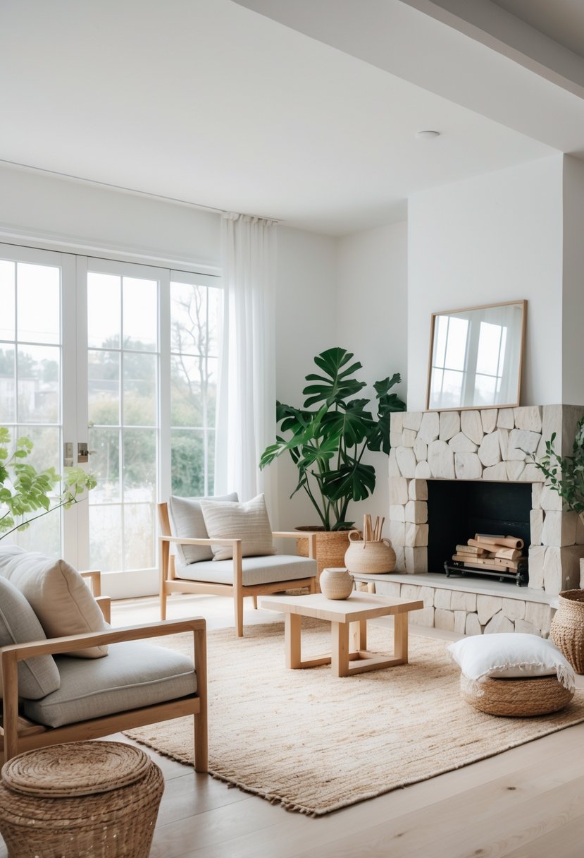 A bright living room with wooden furniture, soft cushions, plants, and a fireplace, filled with natural light.
