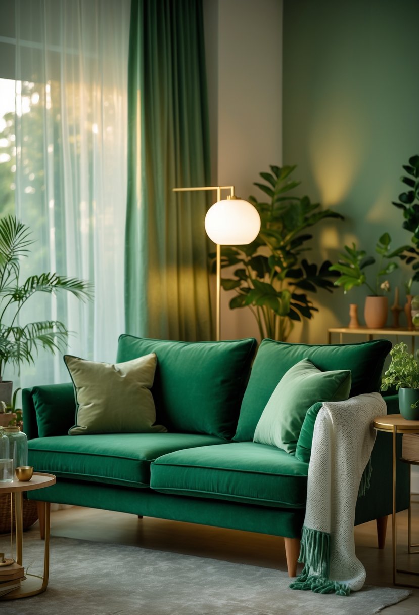 A forest green sofa in a living room with warm vintage lighting and surrounding plants.