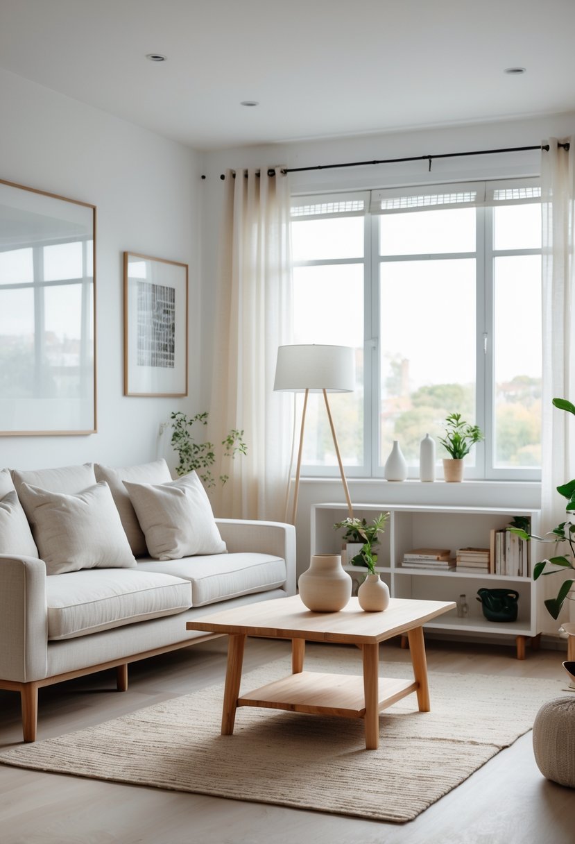 A bright and cozy living room with a sofa, coffee table, large windows, and simple decor.